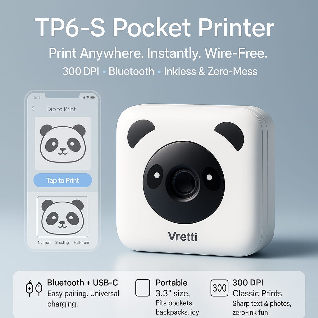 TP6-S Mini Pocket Printer "Photo Printers" with USB Cable & User Manual, White